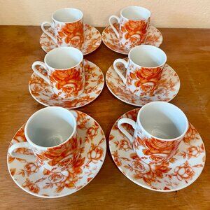 6x Demi Tasse and Saucers Porcelaine Fine Orange Floral Pattern